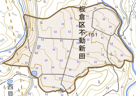 板倉区不動新田とその周辺の地図。町の範囲を重ねている