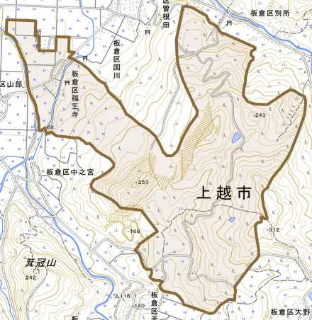 板倉区福王寺とその周辺の地図。町の範囲を重ねている