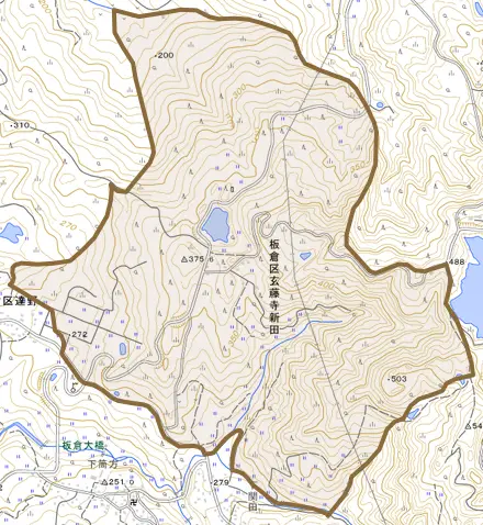 板倉区玄藤寺新田とその周辺の地図。町の範囲を重ねている