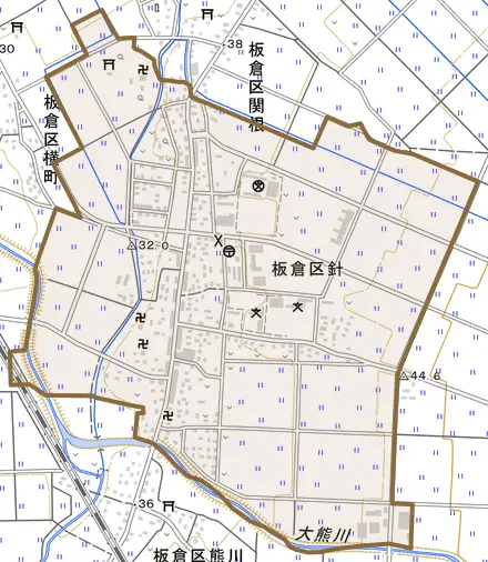 板倉区針とその周辺の地図。町の範囲を重ねている