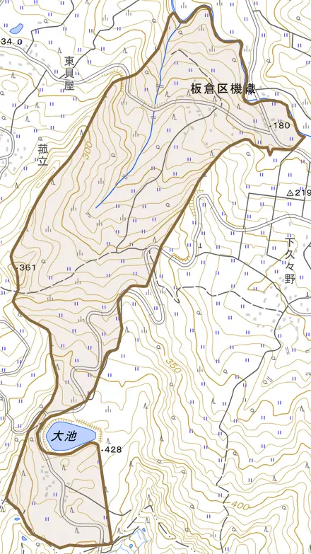 板倉区機織とその周辺の地図。町の範囲を重ねている