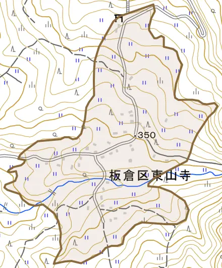 板倉区東山寺とその周辺の地図。町の範囲を重ねている