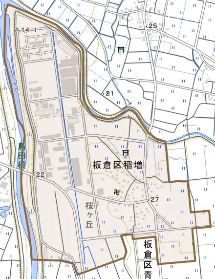 板倉区稲増とその周辺の地図。町の範囲を重ねている