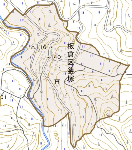 板倉区釜塚とその周辺の地図。町の範囲を重ねている