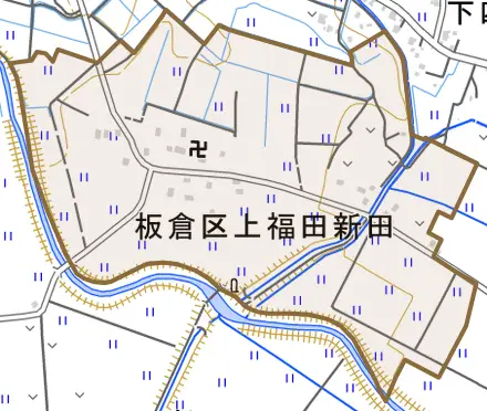 板倉区上福田新田とその周辺の地図。町の範囲を重ねている