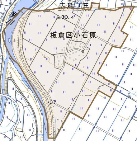 板倉区小石原とその周辺の地図。町の範囲を重ねている