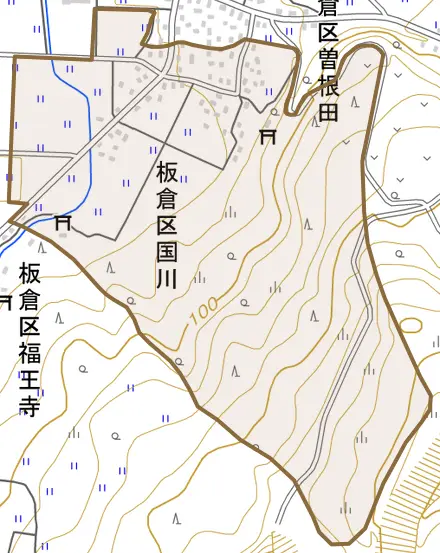 板倉区国川とその周辺の地図。町の範囲を重ねている