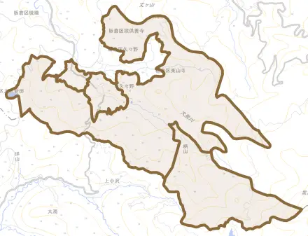 板倉区久々野とその周辺の地図。町の範囲を重ねている