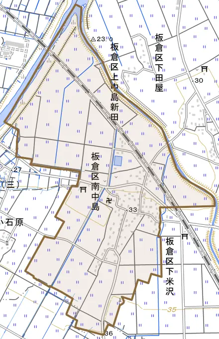 板倉区南中島とその周辺の地図。町の範囲を重ねている