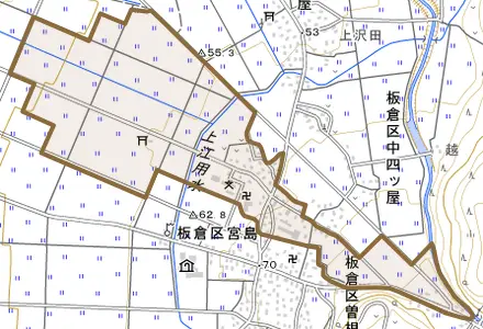 板倉区宮島とその周辺の地図。町の範囲を重ねている
