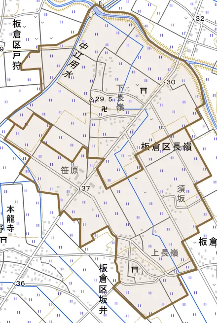 板倉区長嶺とその周辺の地図。町の範囲を重ねている