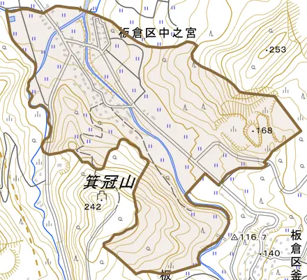 板倉区中之宮とその周辺の地図。町の範囲を重ねている