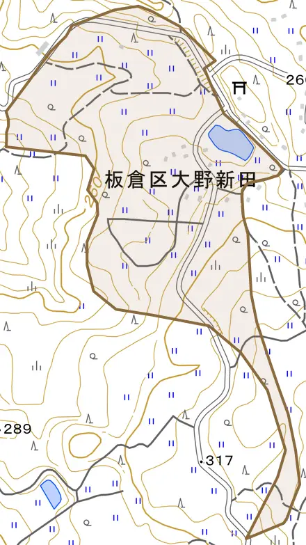板倉区大野新田とその周辺の地図。町の範囲を重ねている