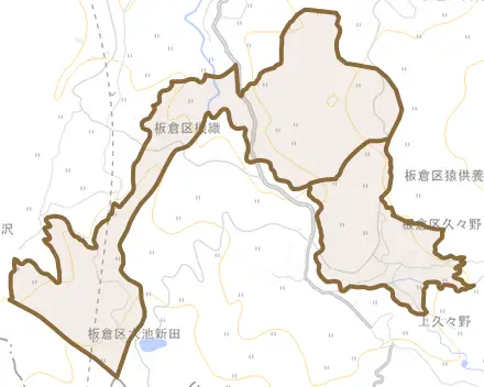 板倉区猿供養寺とその周辺の地図。町の範囲を重ねている