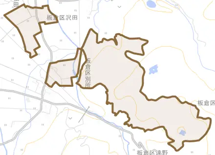 板倉区沢田とその周辺の地図。町の範囲を重ねている