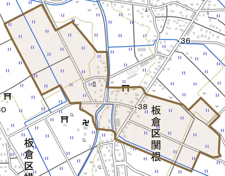 板倉区関根とその周辺の地図。町の範囲を重ねている