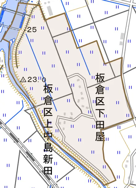 板倉区下田屋とその周辺の地図。町の範囲を重ねている