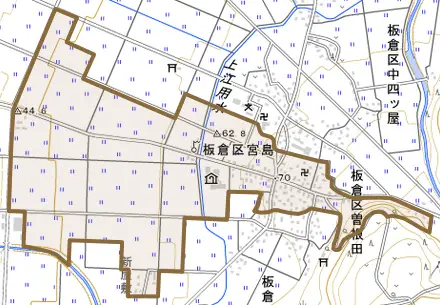板倉区曽根田とその周辺の地図。町の範囲を重ねている