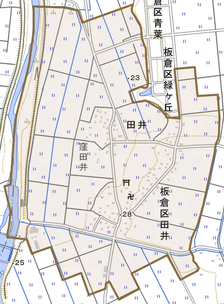 板倉区田井とその周辺の地図。町の範囲を重ねている