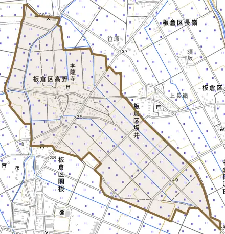 板倉区高野とその周辺の地図。町の範囲を重ねている