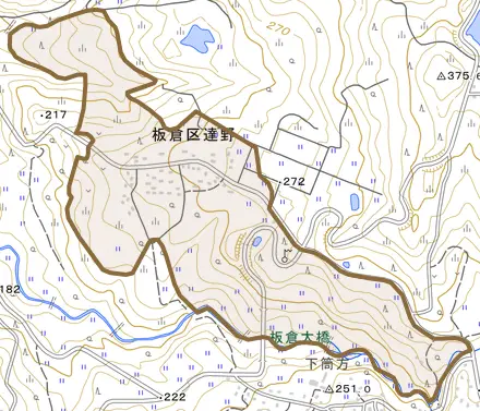 板倉区達野とその周辺の地図。町の範囲を重ねている
