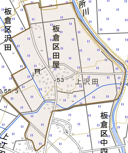 板倉区田屋とその周辺の地図。町の範囲を重ねている