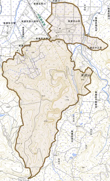 板倉区山部とその周辺の地図。町の範囲を重ねている