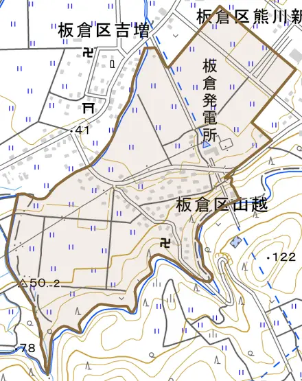 板倉区山越とその周辺の地図。町の範囲を重ねている