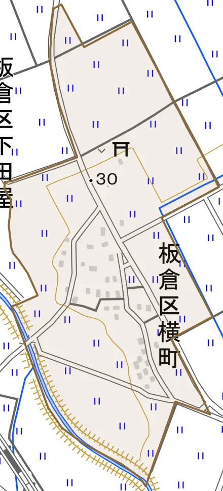 板倉区横町とその周辺の地図。町の範囲を重ねている