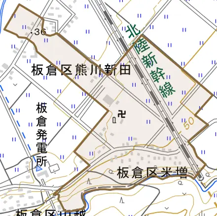 板倉区米増とその周辺の地図。町の範囲を重ねている