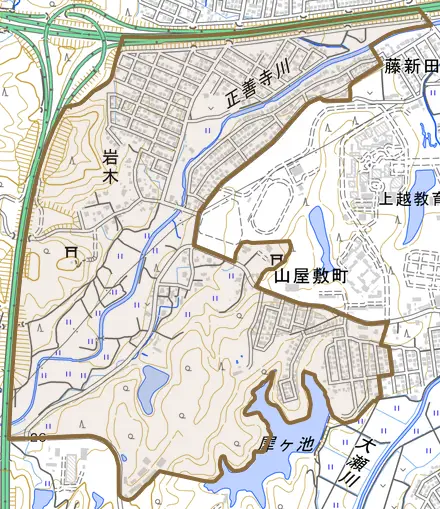 大字岩木とその周辺の地図。町の範囲を重ねている