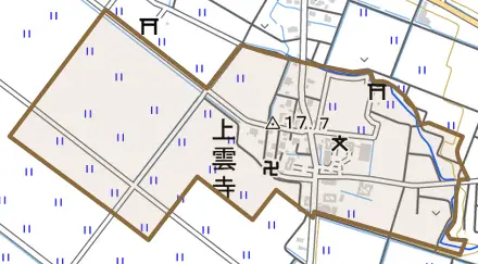 大字上雲寺とその周辺の地図。町の範囲を重ねている
