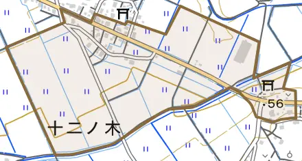 大字十二ノ木とその周辺の地図。町の範囲を重ねている