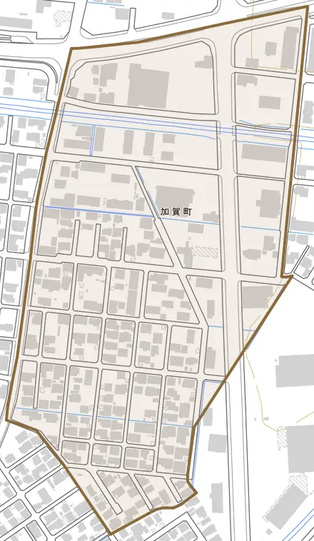 加賀町とその周辺の地図。町の範囲を重ねている