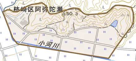 柿崎区阿弥陀瀬とその周辺の地図。町の範囲を重ねている