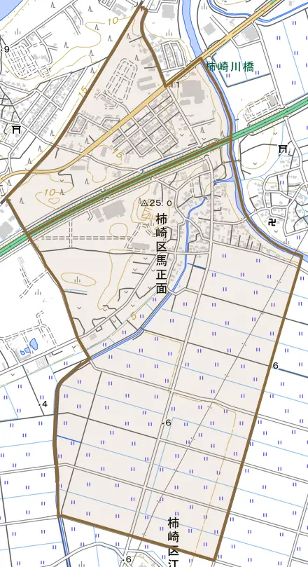 柿崎区馬正面とその周辺の地図。町の範囲を重ねている