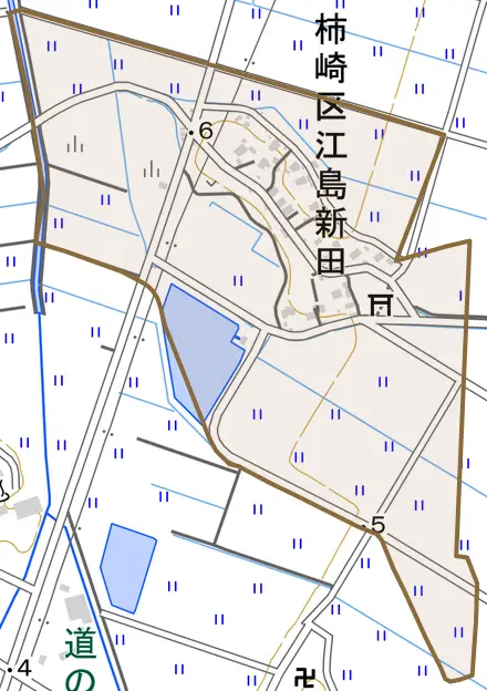 柿崎区江島新田とその周辺の地図。町の範囲を重ねている