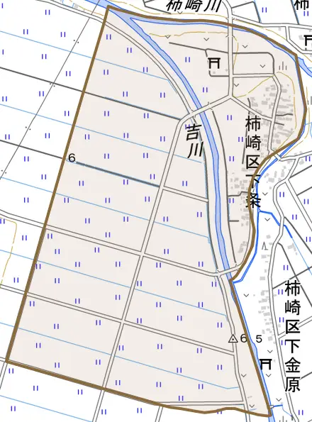 柿崎区下条とその周辺の地図。町の範囲を重ねている