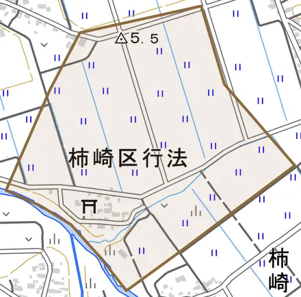 柿崎区行法とその周辺の地図。町の範囲を重ねている