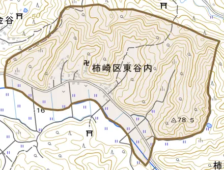 柿崎区東谷内とその周辺の地図。町の範囲を重ねている