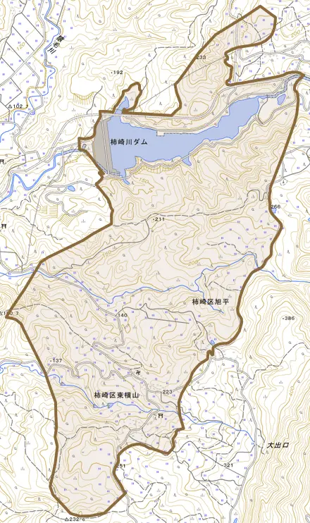 柿崎区東横山とその周辺の地図。町の範囲を重ねている