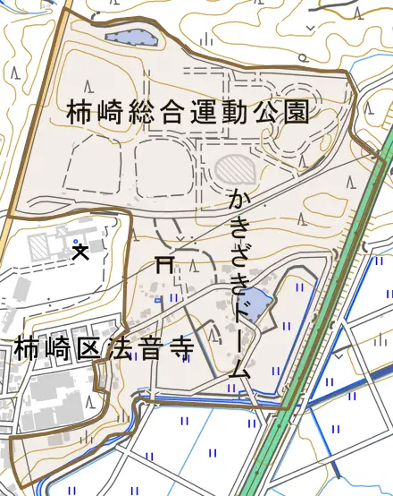 柿崎区法音寺とその周辺の地図。町の範囲を重ねている