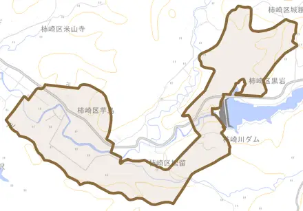 柿崎区芋島とその周辺の地図。町の範囲を重ねている