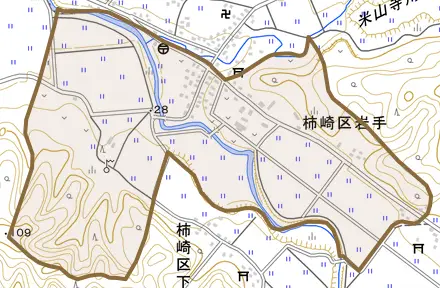 柿崎区岩手とその周辺の地図。町の範囲を重ねている