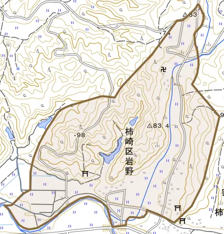 柿崎区岩野とその周辺の地図。町の範囲を重ねている
