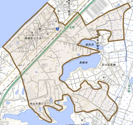 柿崎区上下浜とその周辺の地図。町の範囲を重ねている