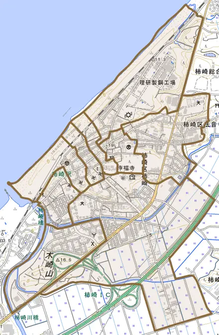 柿崎区柿崎とその周辺の地図。町の範囲を重ねている