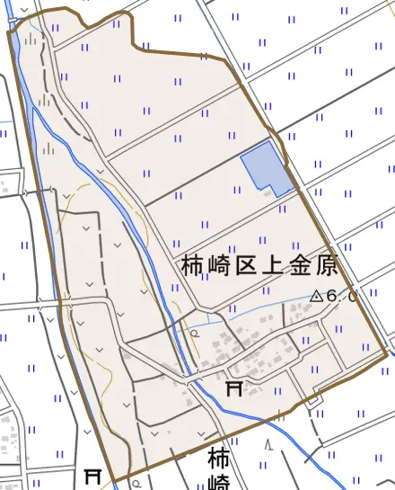柿崎区上金原とその周辺の地図。町の範囲を重ねている