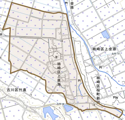 柿崎区上直海とその周辺の地図。町の範囲を重ねている