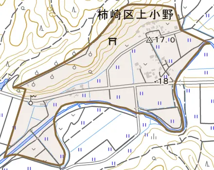 柿崎区上小野とその周辺の地図。町の範囲を重ねている